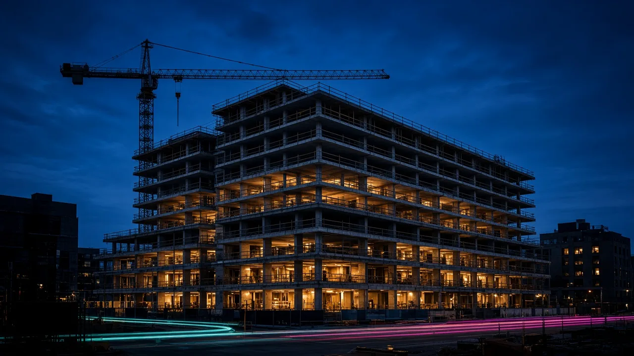 Mid-rise development under construction at dusk, its stacked concrete floors lit beneath a tower crane.