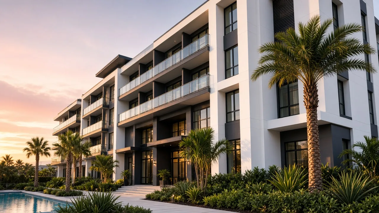 Modern Class A multifamily apartment building at golden hour with glass balconies, palms and a pool.