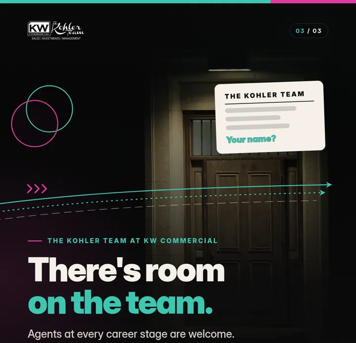 An office door with a Kohler Team name card that asks Your name?, beside the words There’s room on the team: agents at every career stage are welcome