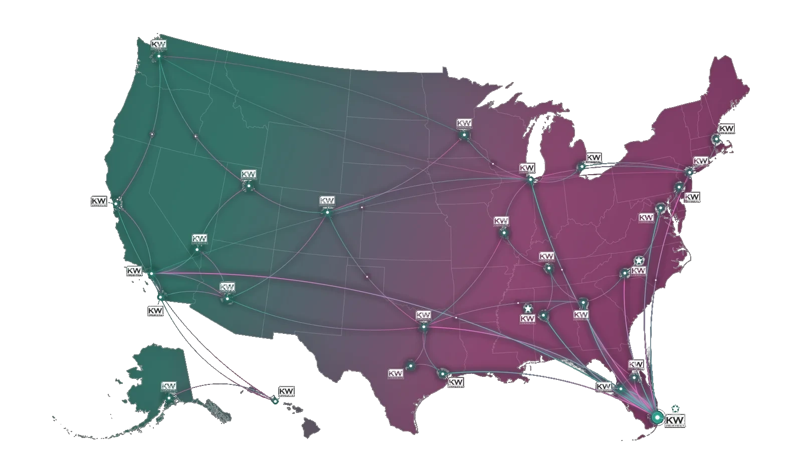 Map of the United States with KW Commercial offices linked across the country, showing that The Kohler Team serves clients nationwide