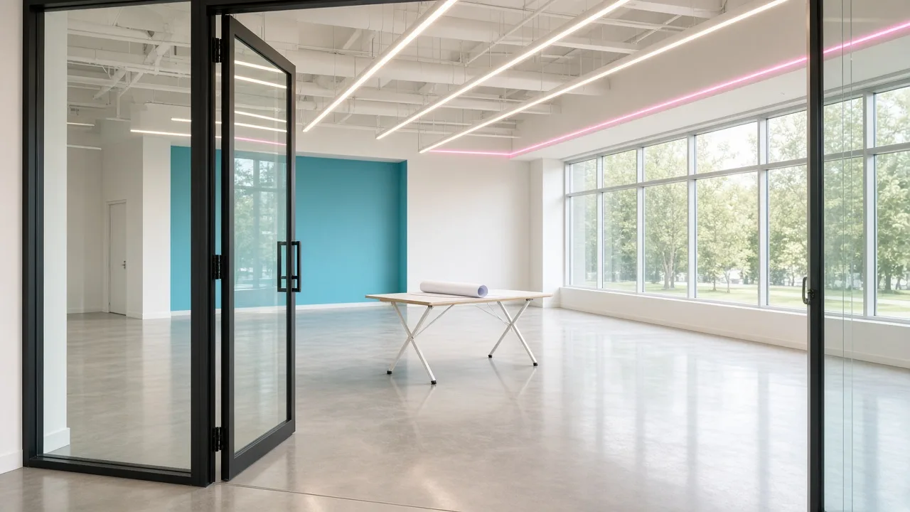 Bright, newly built-out vacant office and flex suite with a turquoise accent wall and floor-to-ceiling windows.