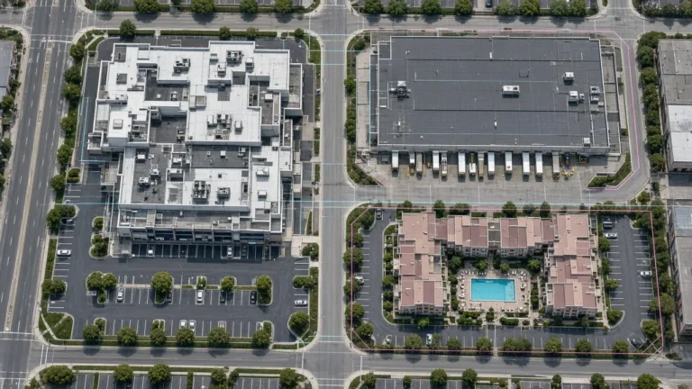 Aerial view of commercial buildings, parking lots and a pool